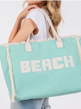 🆕 Styline Mint Embroidered Fringe "Beach" Tote Bag